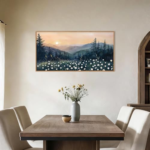 Image of KAIRNE Mountain Floral Landscape Framed Canvas Wall Art Set,Watercolor Forest Wall Decor,Misty Pine Tree Art Prints,Nature Sunset Scenery Artwork for Living Room,Bedroom,Farmhouse,Office-40 x20 x1
