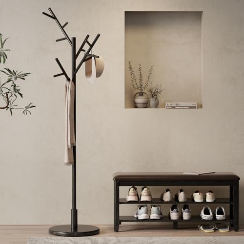 Black Solid Wood Tree-Shaped Coat Rack with 12 Hooks and Adjustable Heights for Entryway and Bedroom