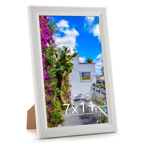 7x11 Wood Frame White Natural Woodgrain 11x7in Picture Frame Rustic Wooden 7 x 11 inch Gallery Photo Poster Frame with HD Plexiglass Horizontal Vertical Wall Mounting Tabletop Display 1Pcs