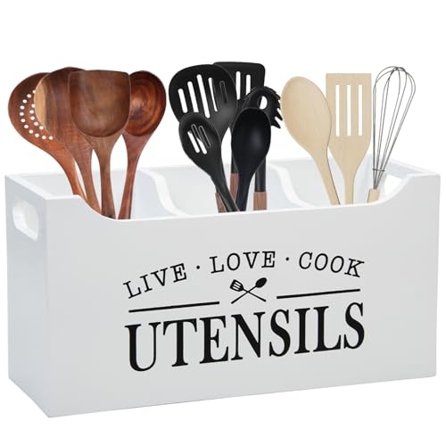 Karisky Portautensili da cucina con fondo di drenaggio, grandi 3 scomparti in vero legno massiccio, organizer per utensili da cucina, per bancone della cucina, per controsoffitto, bianco