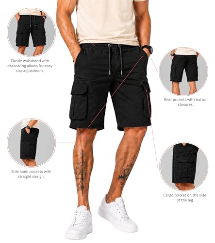 Image of L'MONTE Men's Imported Cotton Casual Relaxed Fit Outwear Cargo Shorts with Expandable Elastic Waist and Multi Pockets