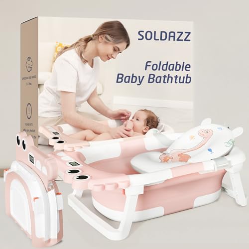 Image of Collapsible Baby Bathtub, Baby Bath Tub with Soft Cushion & Thermometer, Alligator Baby Bathtub with Detachable Feet, Durable Infant Bathtub Applicable 0-36 Month, Pink