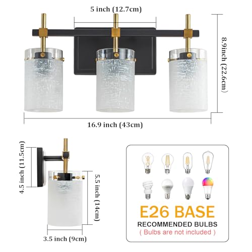 Image of 3-Light Modern Bathroom Vanity Light,Black and Gold Light Fixtures for Bathroom,Modern Wall Light Over Mirror with White Linen Frosted Glass E26 Socket (Bulbs Not Included)