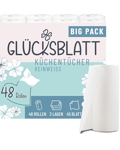 Glücksblatt Küchentücher, 48 Rollen á 45 Blatt, 3-lagige Küchenrollen, 100% Zellstoff, nachhaltig, saugstarke Haushaltsrollen, Allzwecktücher, Papiertücher, Papierhandtücher, Küchenpapier
