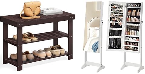 SONGMICS Shoe Rack Bench, Jewelry Cabinet Armoire with 2 Plastic Cosmetic Storage, ULBS04Z and UJJC002W01