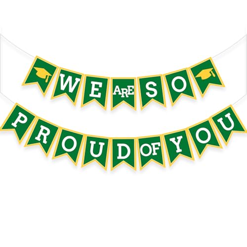 Image of Green Yellow We Are So Proud Of You Banner Congrats Grad Cap Bunting Flag Grad Party Decoration Idea