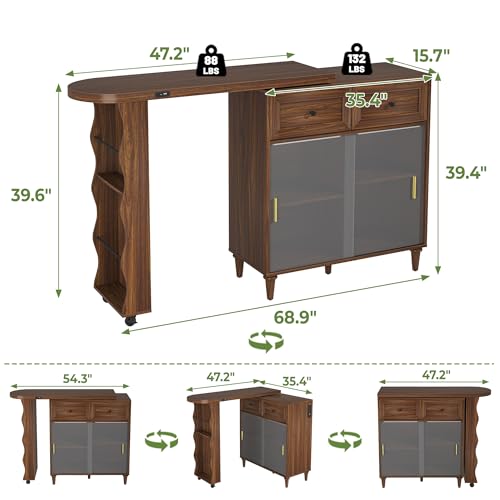Image of 69 inch Kitchen Island with 360 Rotating Table, Bluetooth Speakers, LED Lighting, Adjustable Shelves, Storage Cabinet & Power Outlet - Walnut Finish Extendable Dining Table for Kitchen, Dining Room, Bar