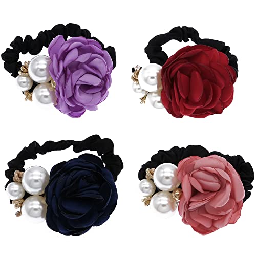 Aysekone 4 Pieces Handmade Pearl Rhinestone Rose Flower Hair Ropes Elastic Bands Hairbands Hair Ties Chiffon Flower Ponytail Holders Floral Headbands Scrunchies Fancy Hair Accessories For Women Girls #TOP12