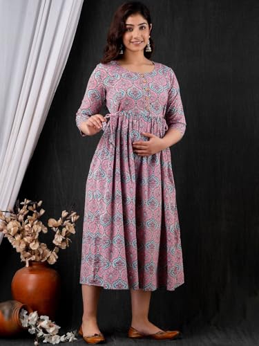 Image of Women's Floral Printed Cotton Maternity Dress Kurti with Feeding Zipper, Maternity Gown for Women, Feeding Dress, Maternity Kurti