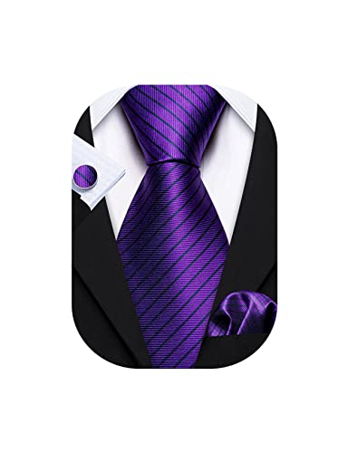 Image of Barry.Wang Tie Sets for Men Silk Stripe Necktie Woven Checkered Handkerchief Cufflinks Formal Business Wedding