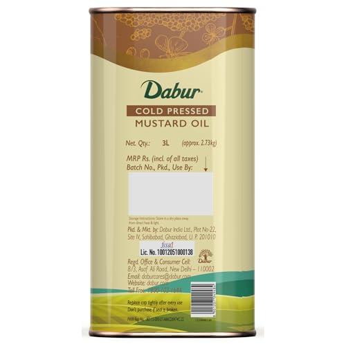 Image of DABUR Cold Pressed Mustard Oil, Healthy Cooking Oil with the Goodness of Omega 3 & 6, 1 l (Pack of 2)