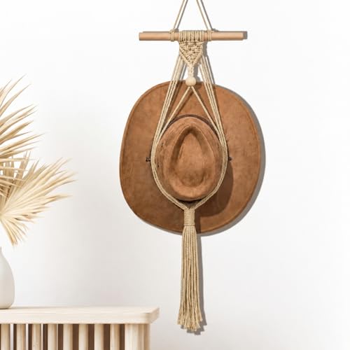 Yulejo Macrame Hat Hangers Racks Boho Cowboy Hats Holders Western Display Organizer Storage decor Back of Door for Wall(Beige,One Hat Style)