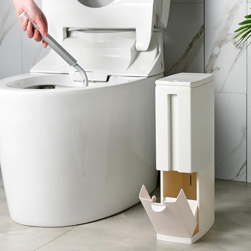 Papelera de baño 2 en 1 con escobilla integrada cubo de basura rectangular delgado gris 4