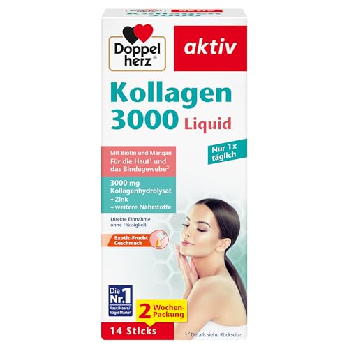 Doppelherz Kollagen 3000 Liquid - Haut + Bindegewebe - Mit Vitamin A, Zink und Biotin als Beitrag zur Erhaltung normaler Haut – 14 Portionsbeutel