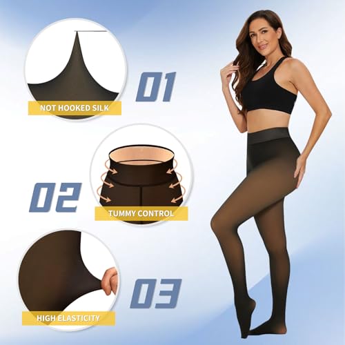 2 Pairs Women Fleece Lined Tights - Invisible Crotch Warm Fake Translucent High Waist Women Thermal Tights2