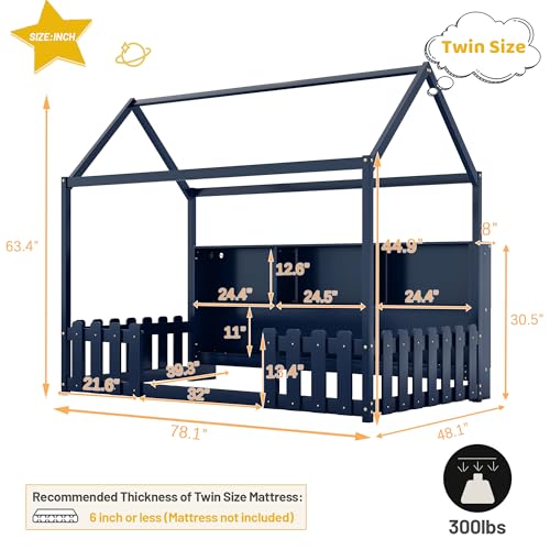 Mirightone Twin Size House Bed for Kids with LED Light and Fence Guardrails,Wood Montessori Floor Bed Frame with Storage Bookshelf, Farmhouse Bed Frame for Girls Boys,Navy Blue