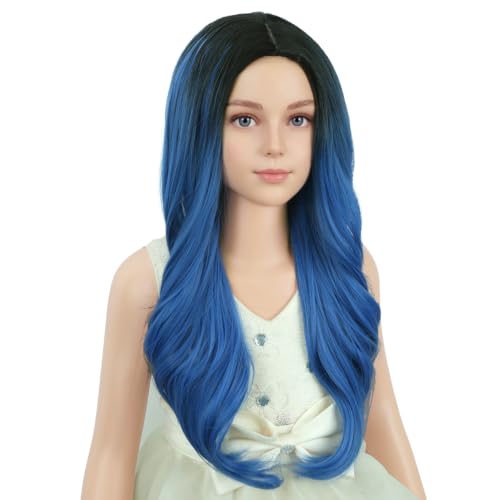 Image of PATTNIUM Black Ombre Blue Wig for Kids Girls Long Curly Wigs Dark Blue Middle Part Heat Resistant Synthetic Wigs Halloween Cosplay Costume Party Wig