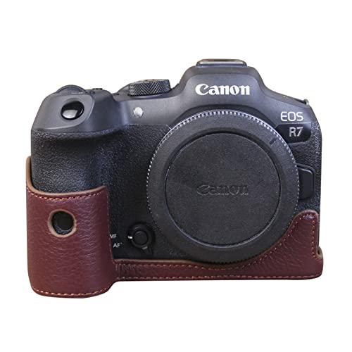 Rieibi EOS R7 Demi-étui en cuir véritable de qualité pour appareil photo numérique Canon EOS R7, café, Étui pour appareil photo