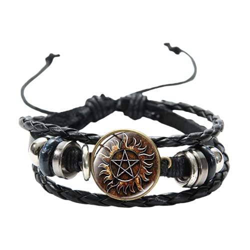 LINWEN Supernatural Dean Sam Bracelet pour homme Pentagramme Soleil Pentacle Hébreu Charm Bracelet en cuir tissé Série TV Bijoux, taille unique, Cuir