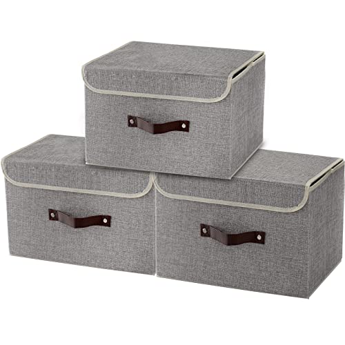 Tebery 3 Pack Foldable Storage Boxes, Storage Bins with Lids, 38x25x25 cm Fabric Storage Baskets with Handle, Storage Containers Organizers for Toys, Books, Closet, Bedroom, Home (Grey)