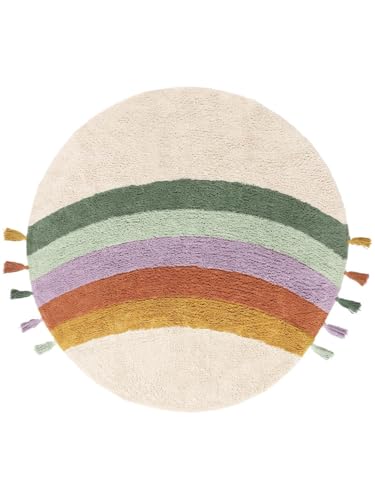 RugVista Rainbow, Alfombra Moderna, Pelo Corto, ∅ 150 cm, Redonda, Calidad cert. Care & Fair, Algodón, Pasillo, Dormitorio, Cocina, Salón, Comedor, Despacho, Blanco Roto/Multicolor