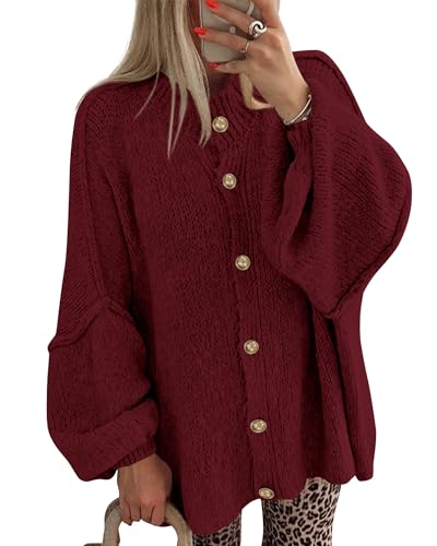 BTFBM Cardigan Sweaters for Women 2025 Fall Clothes Lantern Long Sleeve Button Open Front Chunky Knit Oversized Sweater(Burgundy, X-Large)