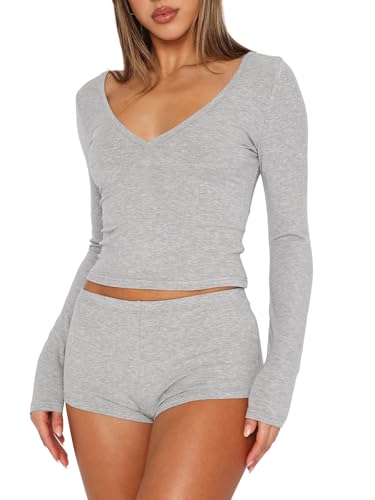 Image of Dressmine Sexy Pajamas Set for Women Spring Pj Lounge Sets 2 Piece Cute Sleepwear Long Sleeve V Neck Y2K Tops Shorts