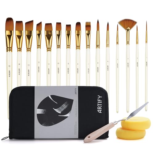 Artify 15 Pcs Peinture Acrylique Professionnels, Pinceaux d’Artiste en Poils Synthétiques De Haute Qualité pour Acrylique Et Huile, avec Étui De...