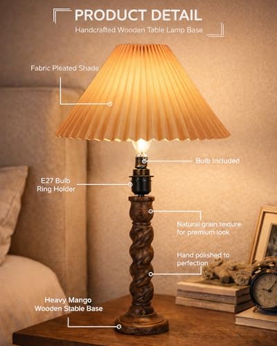 Image of Homesake Classic Twister Wooden Table Lamp with Shade | Handcrafted Bedside Lamp, E27 Holder| Bulb Included |Warm Light Night Lamp, Bedroom, Living Room, Study & Home Decor, (Pleated Jute)
