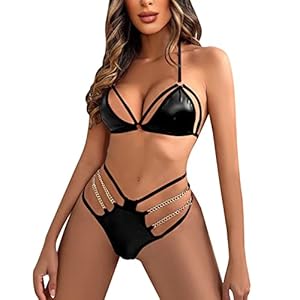Women Fashion Lingerie 2pack PU Leather Harness Lingerie Set With Chain Linked Hand Ring Kinky Lingerie for Women for…
