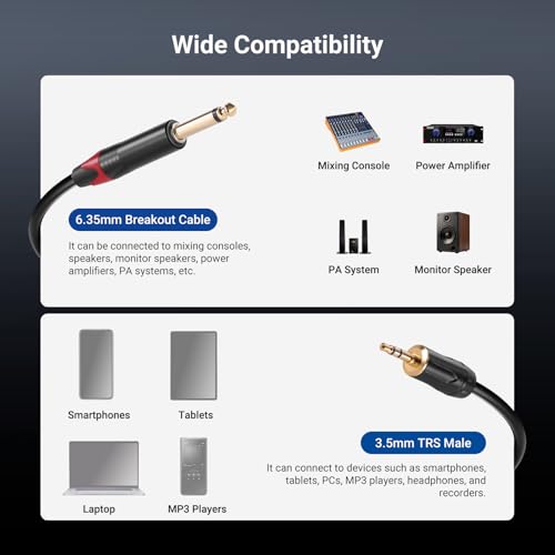 Cable adaptador Jack 3.5mm a Dual 1/4 6 ft miniatura 3