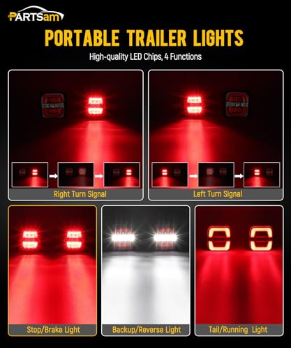 Image of Partsam Wireless Trailer Light Kit, Portable Magnetic LED Tow Lamp, Stop Brake Turn Reverse Towing Tail Lights w /Metal Base Suction Cup 7-Pin Plug for Trucks Trailers 12-24V IP67 Waterproof
