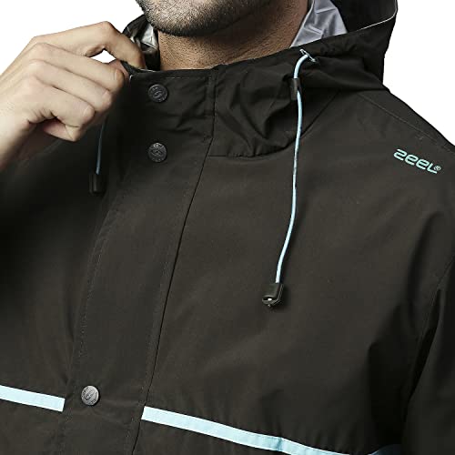 Image of ZEEL Rain Coat for Men Waterproof for Bike Riders with Adjustable Hood Along with Inner Pockets,Waterproof Raincoat with Polyester Jacket,Pants and Carrying Pouch,AZ03 Black-ScubaBlue XXL