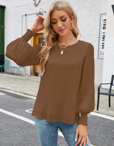 Image of Aifer Womens Tops Dressy Casual Long Sleeve Shirts Chiffon Blouses | Sheer Pleated Lantern Sleeves, Crew Neck, Back Keyhole, Versatile, Ideal for Office Workwear, Daily Outfits, Party Looks