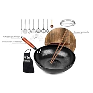 Carbon Steel Wok Pan, 14 Piece Woks & Stir-Fry Pans Set with Wooden Lid Cookwares, No Chemical Coated Flat Bottom Chinese Pan for Induction, Electric, Gas, Halogen All Stoves - 12.6'' Carbon Steel Wok Pan 14 Piece Woks Stir Fry Pans Set with Wooden Lid Cookwares No Chemical Coated Flat Bottom Chinese Pan for Induction Electric Gas Halogen All Stoves 126