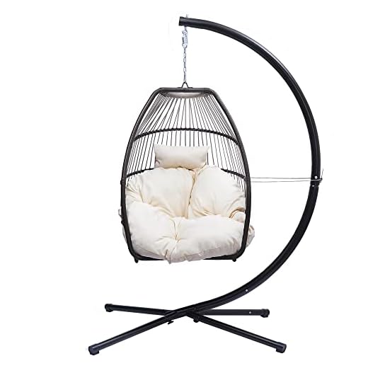 Silla colgante plegable de mimbre de patio, silla de huevo de hamaca de ratán de ratán con soporte de tipo x tipo y soporte de tipo C, con cojín y almohada, for patio, balcón de dormitorio, interior,