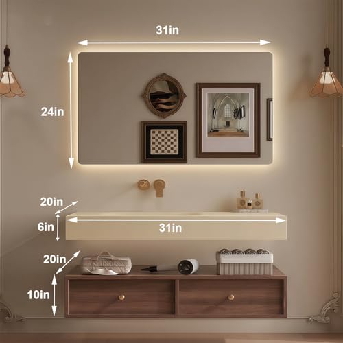 Modern Wall Mounted Floating Bathroom Vanity with Integrated Ceramic Sink, No Assembly Required, Hanging LED Intelligent Lighted Sensor and Demisting Mirror, Cabinet Spaces, 3 Soft Close Drawers