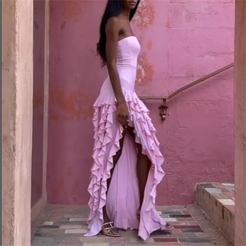 Women Sexy Strapless Ruffle Off Shoulder Slim Fit Elegant Solid Color High Waist Irregular Dress2