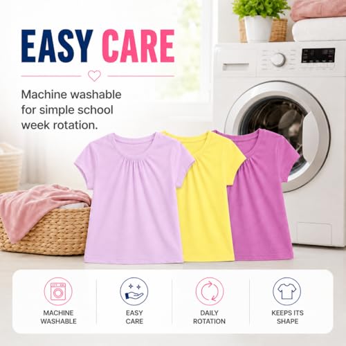 Image of Bienzoe Plain Solid Girls T-Shirts: School Basic Tee 3-Pack | Short Sleeve, Ages 4-13, PE, Recess, Outdoor Play, Soft Cotton Blend, Breathable Quick-Dry, Easy Care, Easy to Mix and Match