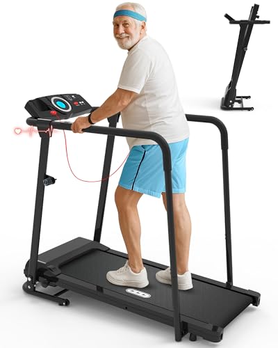 CIIHI Walking Treadmill for Senior - Foldable Senior Treadmill with 300 lbs Capacity and Long Handrails - Home Recovery Fitness Exercise Machine for Elder with Heart Rate Monitor