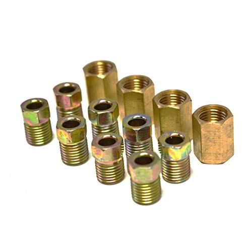 A-Team Performance - 12 Piece 3/8 Inch-24 Threads Brake Line Fittings Assortment - For 3/16 Inch Tube (4 Unions, 8 Nuts) #TOP2