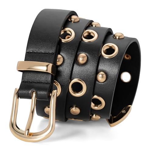 Image of Grommet Belt Women, Black Studded Belt Adjustable for Teens | Faux Leather, Single Grommets, Fashion Aesthetic Y2K Punk Goth Belt Accessory, For Jeans /Pants /Skirts
