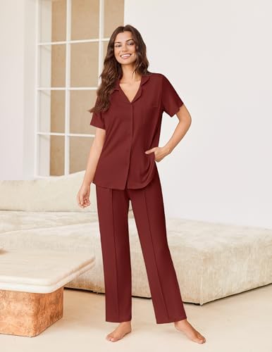 Image of Ekouaer Pajamas for Women Set Button Up Short Sleeve Pjs Sets With Pockets | Soft Womens Sleepwear,V Neck,Notch Collar,2 Piece Classic Loungewear With Long Pant for Sleep,Lounge,Fall