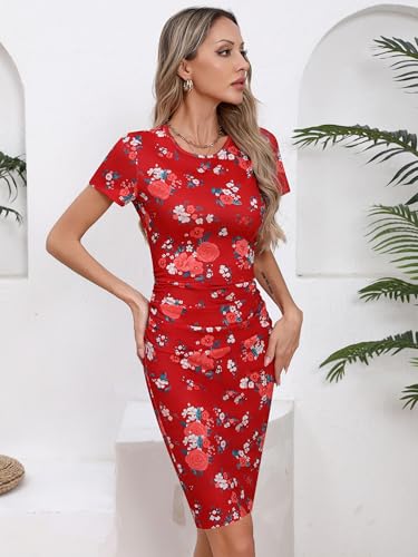 Image of Missufe Women's Short Sleeve Ruched Bodycon Casual Knee Length Floral Dress (Red Floral Short Sleeve, Large)