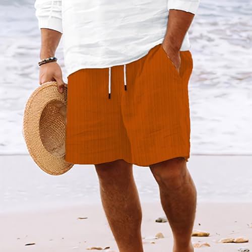 Men Cotton Linen Shorts Elastic Waist Summer Beach Short Pants with Pockets Solid Color Running Trunks2