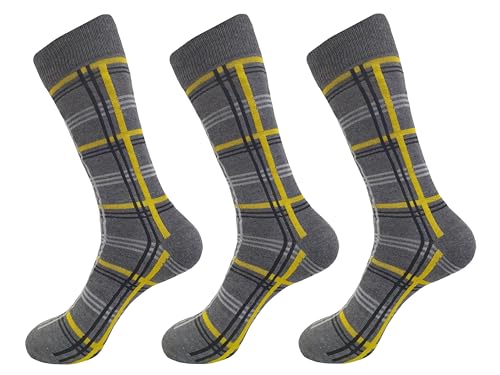 GRAY and YELLOW Color Dress Socks Cotton 3 Pairs Formal & Casual Stripes 10-133