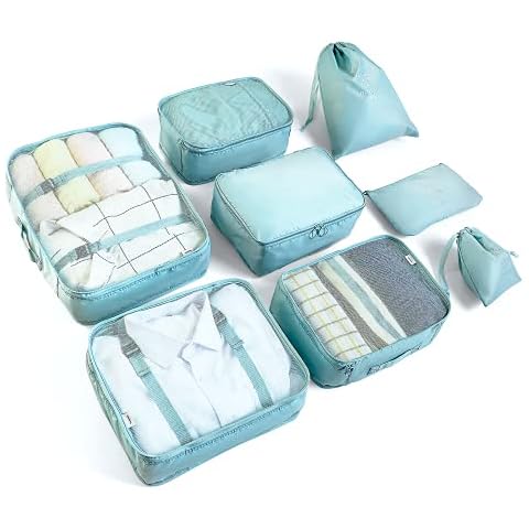 BillyBath Packing cubes Suitcase Organiser Set, 8 Pieces Clothes Bags Shoe Bags Travel Organiser Packing Cube Cosmetic Travel Organiser Packing Bags for Suitcases Teal Cover