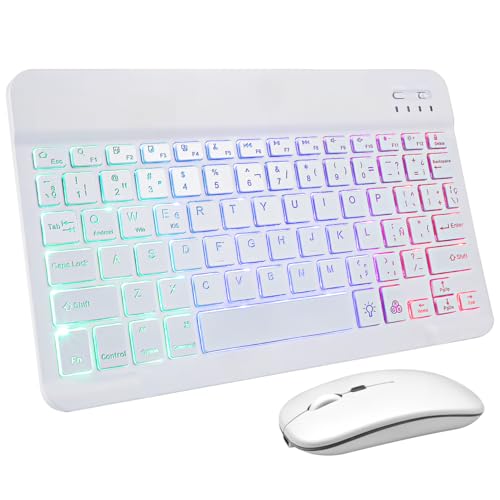Doitool Teclado e rato sem fios multidispositivo de 10 polegadas retroiluminado com rato recarregável branco com autocolantes espanhol para escritório e casa