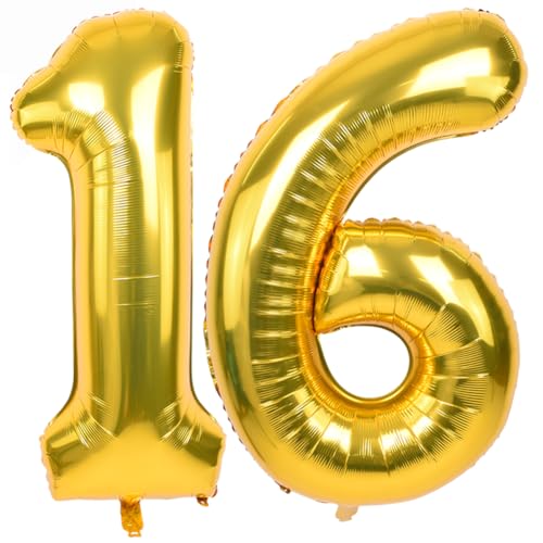 Image of TONIFUL 40 Inch Gold Number 16 Balloons Foil 16th Birthday Decorations