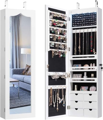 GIANTEX Armario de Joyas con Espejo de Cuerpo Entero, Armario Joyero con Cerradura y 5 LED, Montado en la Pared o en la Puerta, 36,5x11,5x120cm, para Pendientes, Anillos, Collares y Pulseras, Blanco